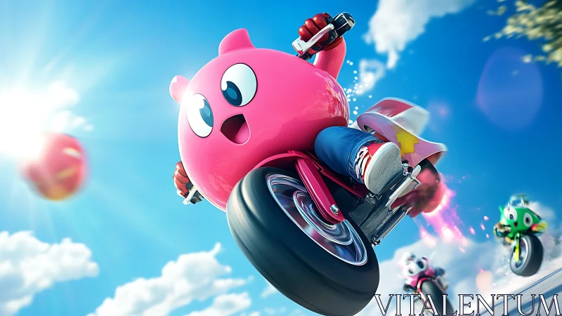 Pink cartoon rider launches a daring wheelie in sunny race