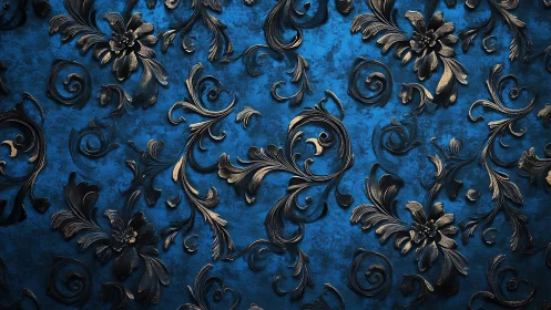 Embossed bronze floral scrollwork on textured cobalt ground