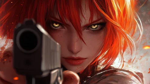 Red haired figure aiming handgun in close frontal view.