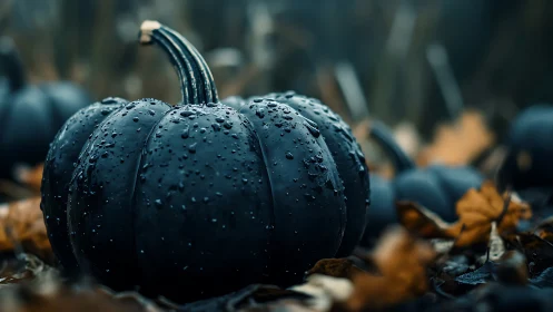 Black pumpkin close-up with rain droplets on autumn ground.