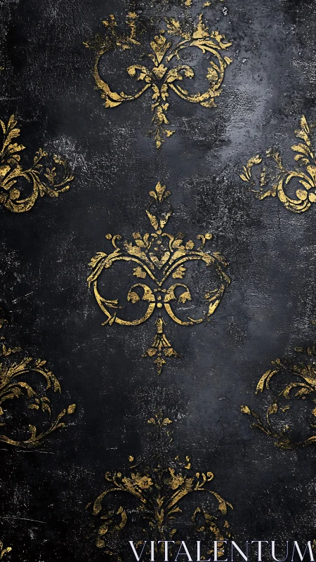 Gold baroque flourishes on distressed black texture wall