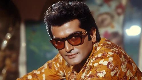 Retro portrait highlights stylized 1970s eyewear and patterned shirt