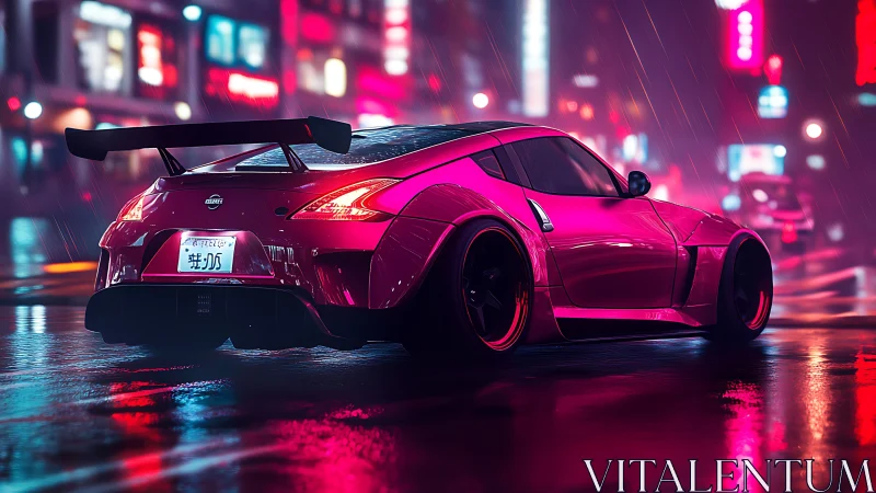 Neon pink sports car glows warmly on a rainy night street