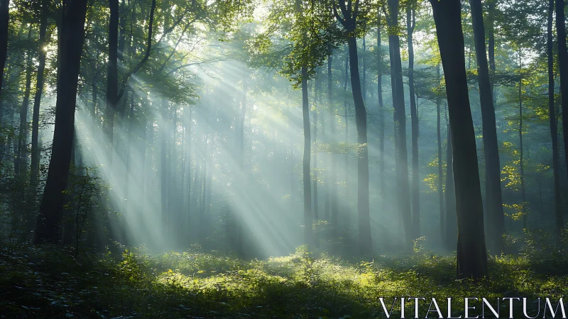 Sunbeams Filtering Through Misty Forest in Serene Morning Light.