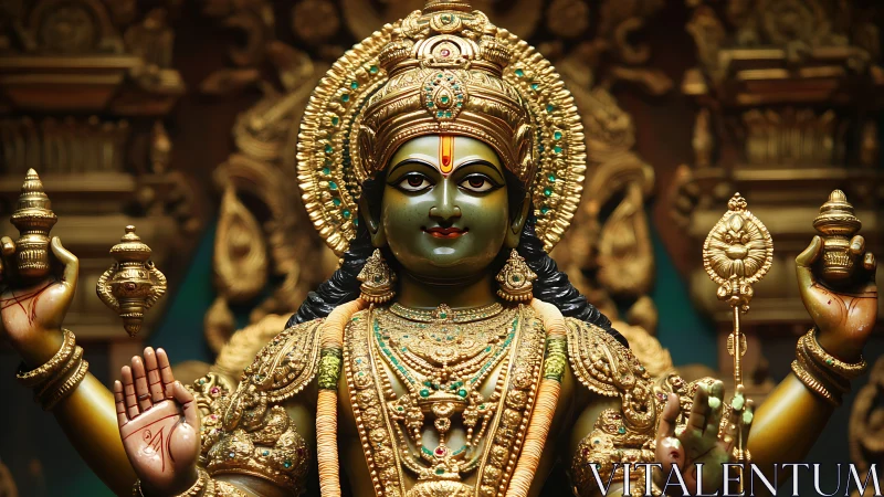 Ornate multiarmed Hindu deity statue with detailed gold adornment