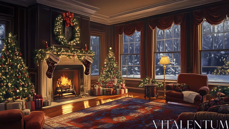 Warm interior Christmas scene with fireplace, trees, and snow-lit windows