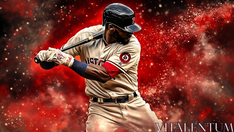 Baseball slugger swings through a fiery red cosmic backdrop