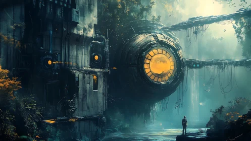 Spherical industrial structure spans river in dense mist forest