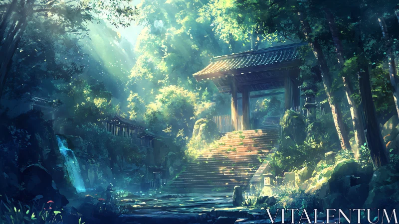 Sunlit forest shrine gate rises through mist and falling leaves