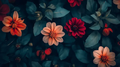 Composite Dahlia Floral Study: Warm-Toned Blooms Against Deep Teal Foliage