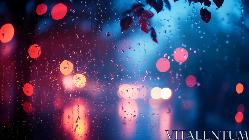 Rain‑streaked window isolates urban bokeh lights in dual color contrast
