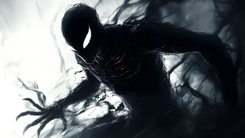 Shadowy symbiotic humanoid emerging with high-contrast lighting