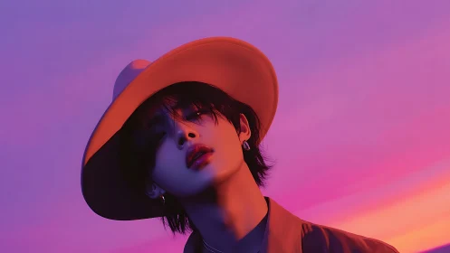 Stylized portrait shows figure in hat against gradient sky