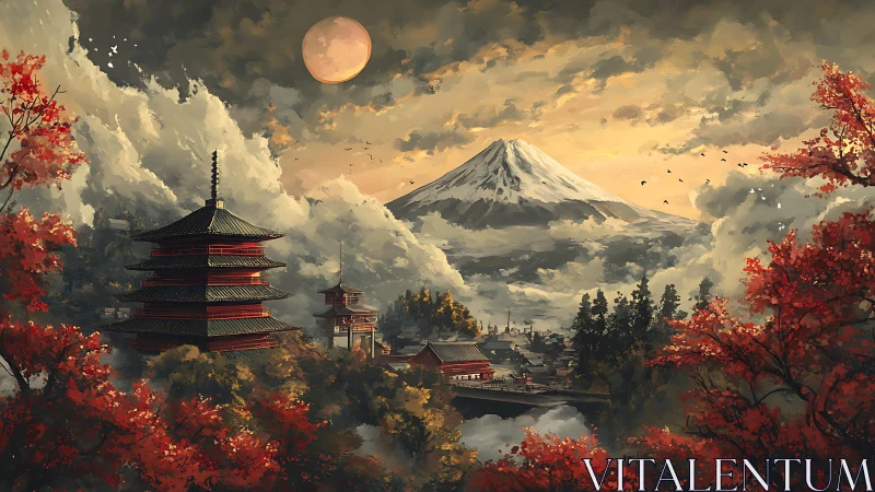 Mountain landscape depicts pagodas, village, and dense clouds