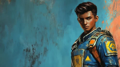Stoic vault scout in blue armor before textured wall.