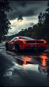 Red supercar reflects on wet forest road under storm clouds