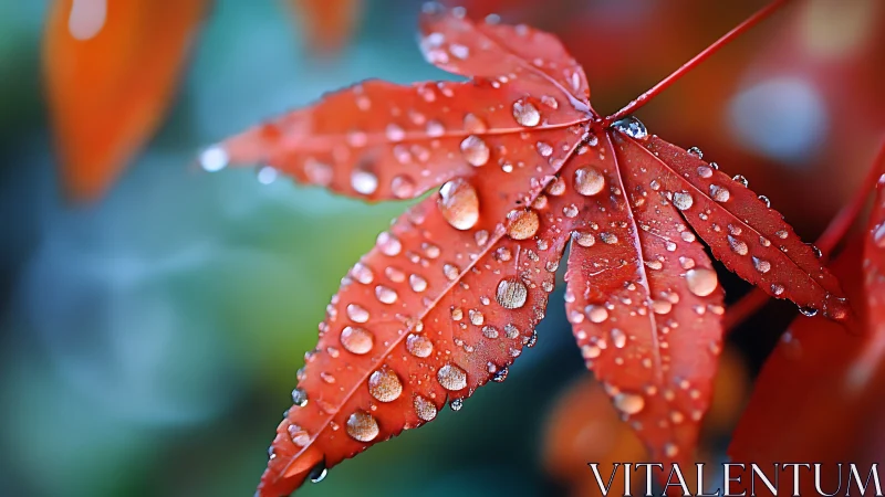 Macro study isolates red maple leaf with crystalline raindrops