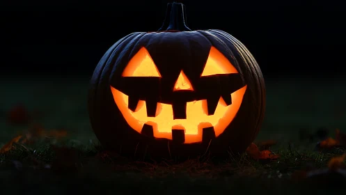 Glowing jack o’lantern smiles warmly in the quiet autumn dark