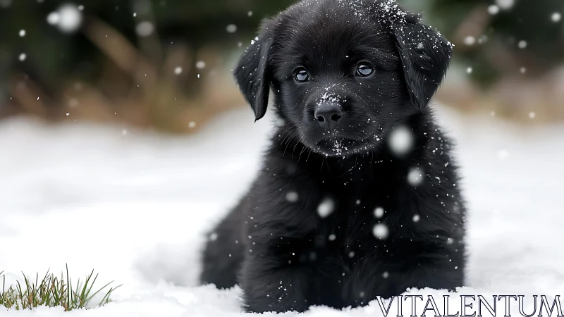 Black puppy sits in fresh snow under falling snowflakes