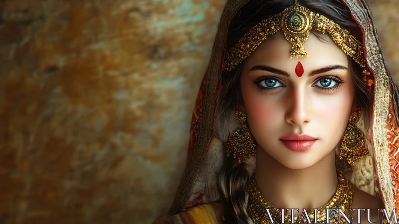 Regal bride portrait with intricate gold bridal jewelry.