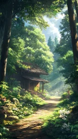 Forest cottage bathed in golden sunlight through ancient trees.