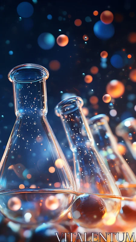 Laboratory glass flasks with luminous bokeh chemistry aesthetic.