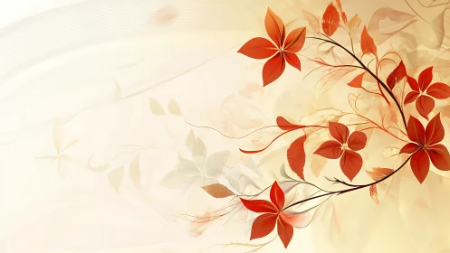 Abstract red floral branch on soft beige background.