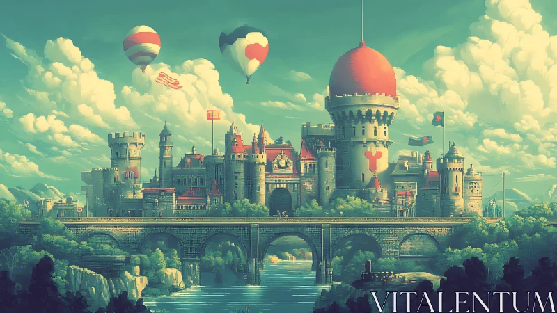 Whimsical riverside castle under bright balloon-filled skies.