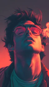 Stylized portrait shows man in neon rim lighting exhaling smoke