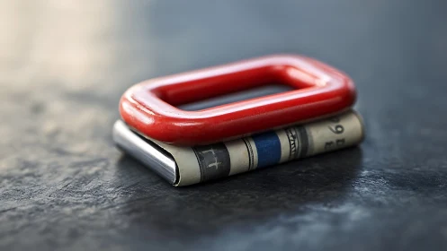 Red carabiner with rolled bandages against dark slate surface.