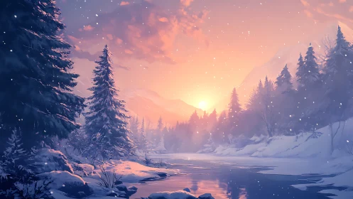 Winter river valley under luminous pastel sunset sky.