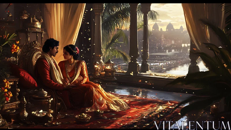 Digital painting of royal terrace romance at sunset pavilion.