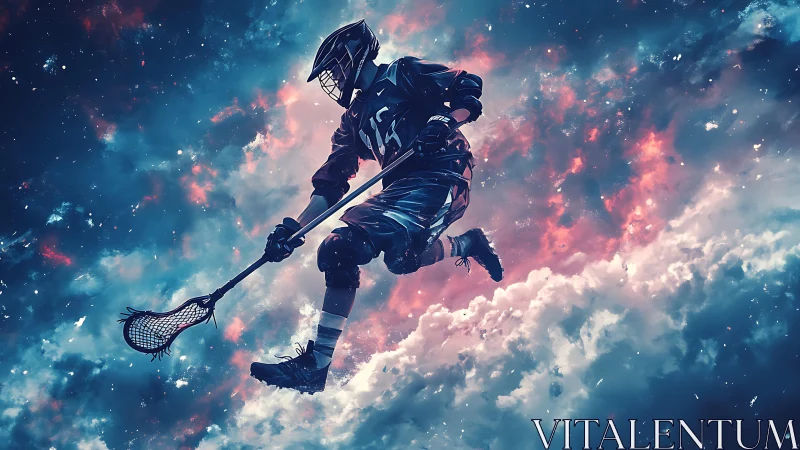 Astrophysical lacrosse vector: midair athlete in nebular void.