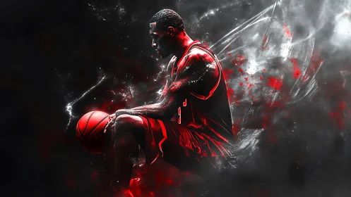 Silhouetted basketball player in red highlights on dark field.