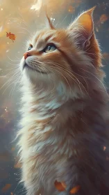 Ethereal Ginger Cat Gazing Upward with Autumn Leaves.