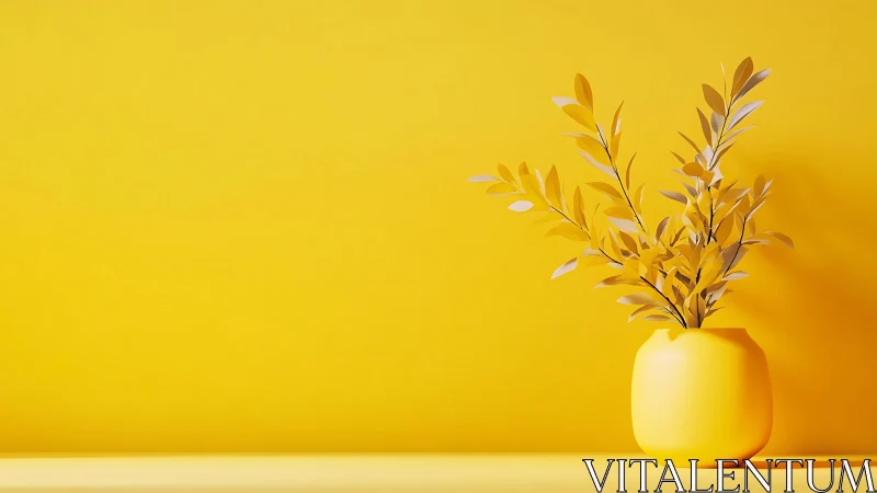 Sunlit yellow vase and leaves in calm minimal glow.