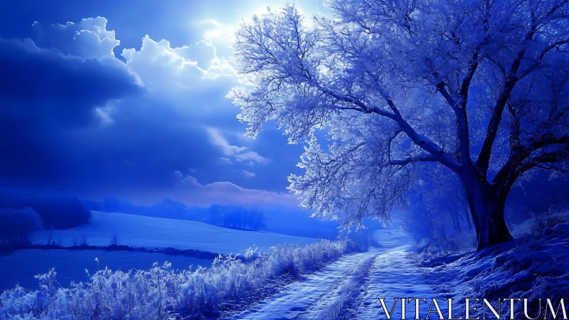 Moonlit winter lane under frosted trees and dreamy skies.