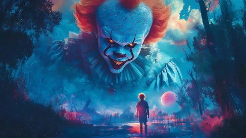 Neon swamp showdown with a colossal nightmare clown face.