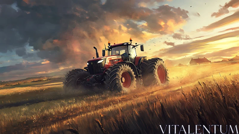 Red tractor drives through dusty field at dramatic sunset