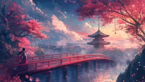 Twilight bridge and temple glow under drifting sakura petals.