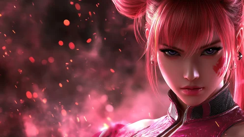 Fiery pink-haired warrior stares ahead in blazing embers.