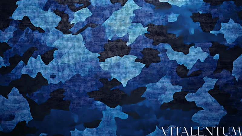 Blue digital camouflage pattern covers textured canvas background