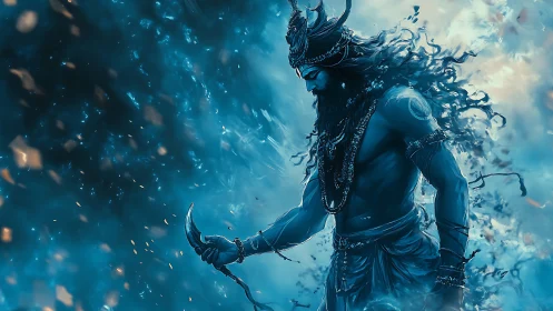 Mythic warrior stands in swirling blue celestial storm