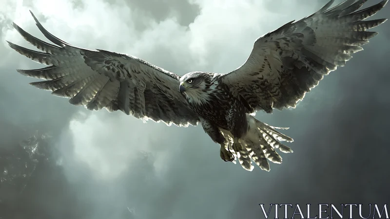 Majestic eagle in flight against dramatic cloudy sky, realistic style.