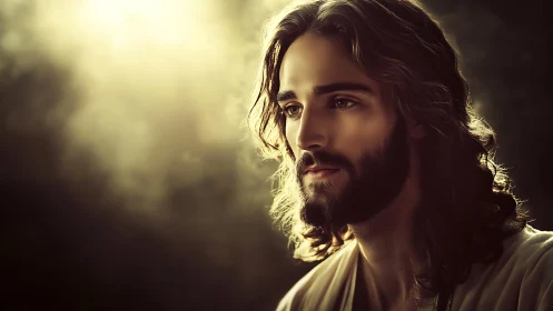 Soft golden light surrounds a thoughtful bearded figure