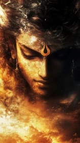 Divine-inspired face emerges from swirling fiery clouds