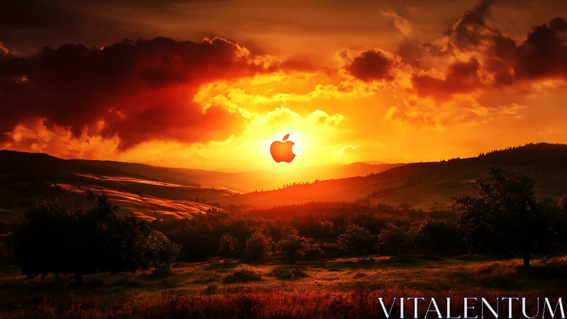 Apple logo over vivid red sunset rural landscape.