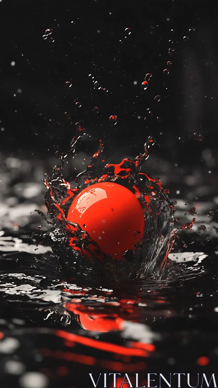 Crimson sphere ignites monochrome water in kinetic bloom.