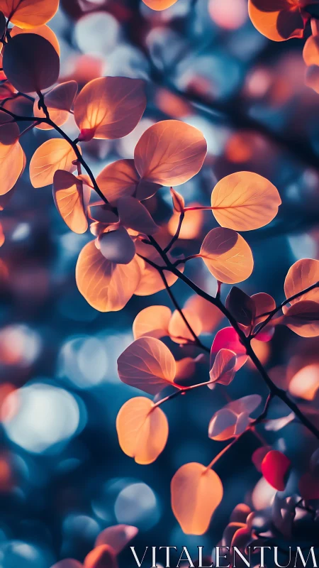 Bokeh-lit orange foliage forms luminous contrast against cool teal