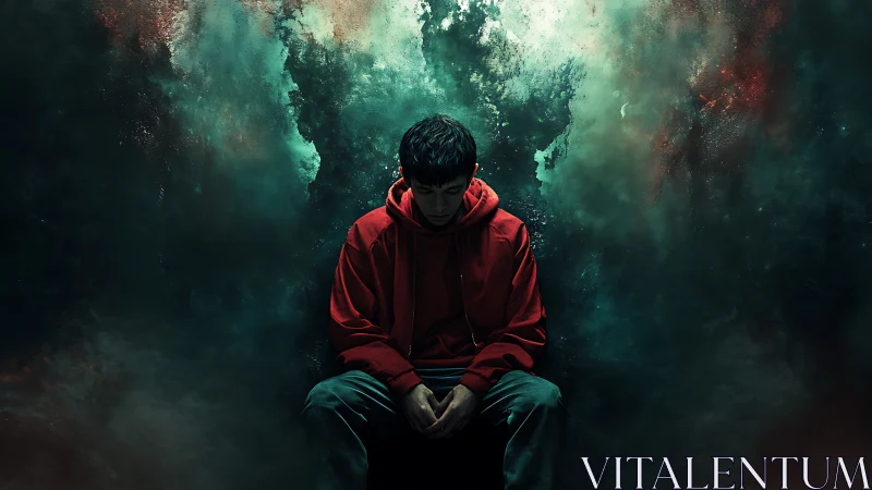 Solitary seated figure in red jacket amid dark misty void.